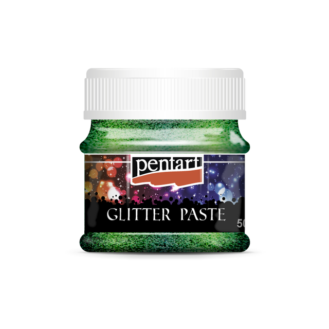 green glitter paint in clear jar with white top from Pentart