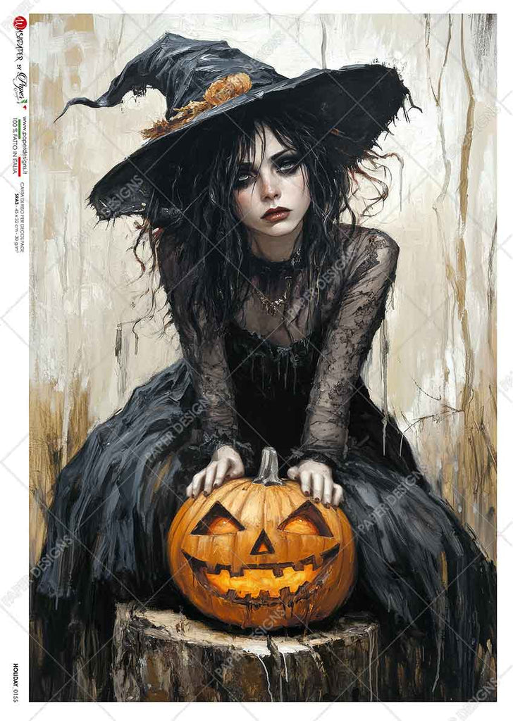 Witch in black dress and hat sitting on stump with jack-o-lantern. Beautiful Rice Paper of Exquisite Quality for Decoupage crafts.