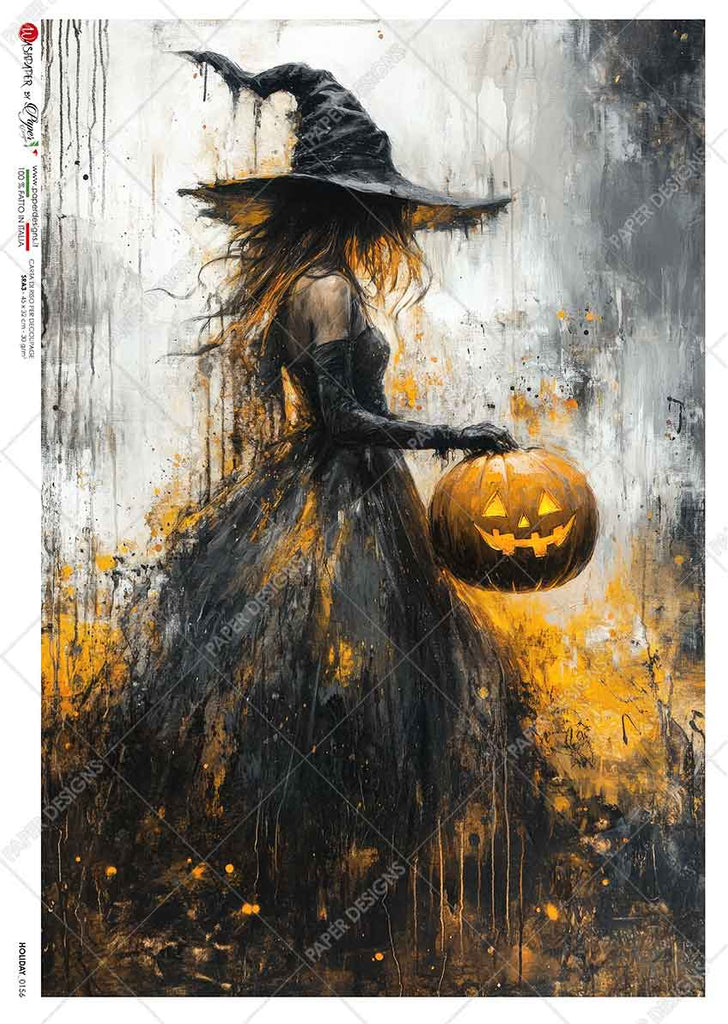 Witch in black dress and hat with orange glow holding jack-o-lantern. Beautiful Rice Paper of Exquisite Quality for Decoupage crafts.