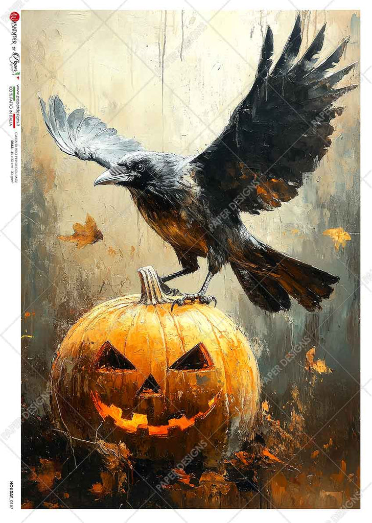 Black raven standing on orange jack-o-lantern. Beautiful Rice Paper of Exquisite Quality for Decoupage crafts.