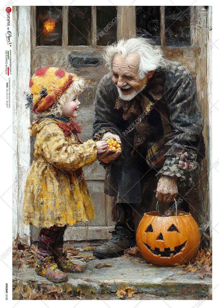 Girl in yellow coat sharing candy with old man. Beautiful Rice Paper of Exquisite Quality for Decoupage crafts.