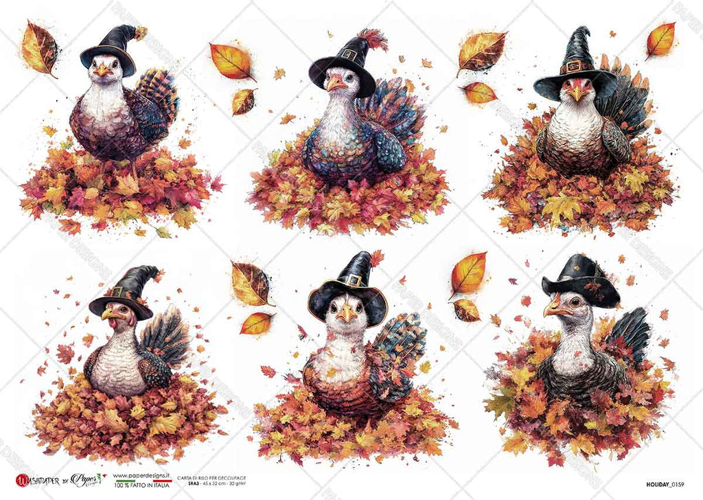 6 turkeys with black hats sitting in fall leaf piles. Beautiful Rice Paper of Exquisite Quality for Decoupage crafts.