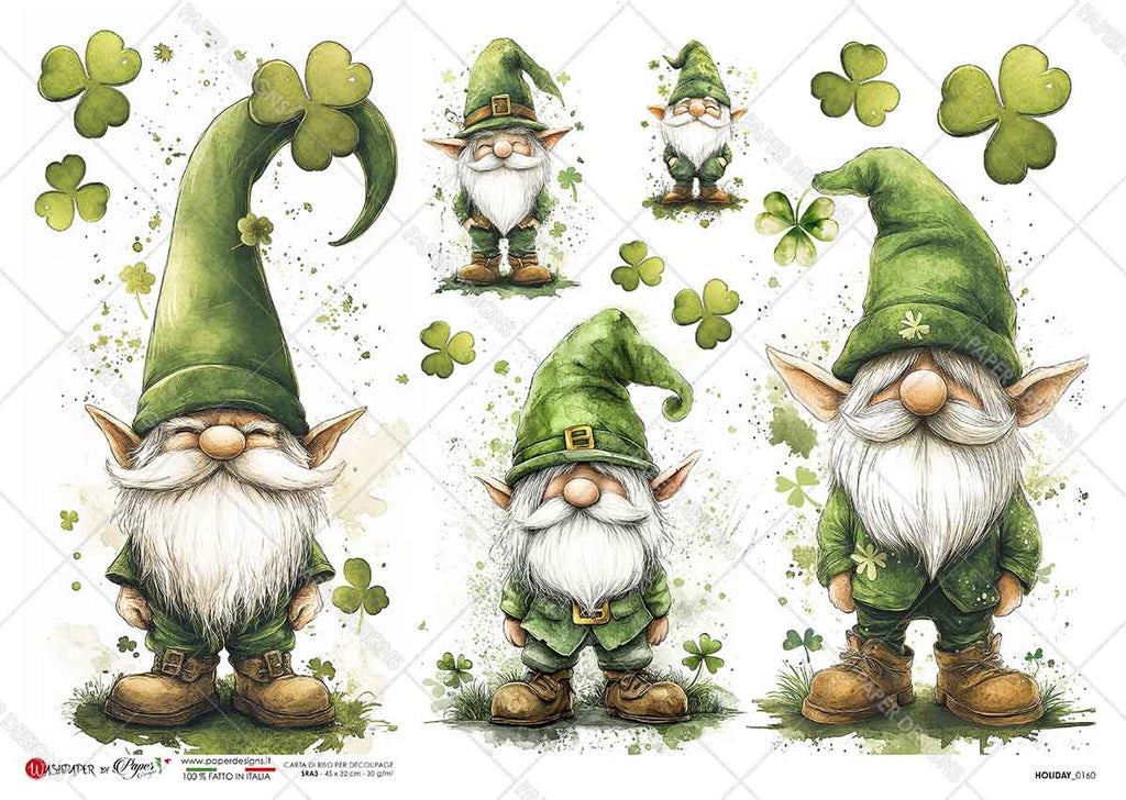 5 gnomes wearing green with shamrocks. Beautiful Rice Paper of Exquisite Quality for Decoupage crafts.