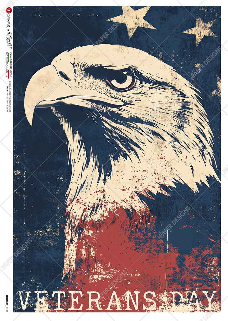 Bald eagle on blue and red background with stars and text "Veterans Day". Beautiful Rice Paper of Exquisite Quality for Decoupage crafts.