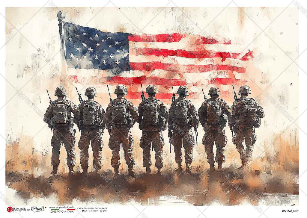 7 soldiers in uniform on cream background with red white and blue American flag. Beautiful Rice Paper of Exquisite Quality for Decoupage crafts.