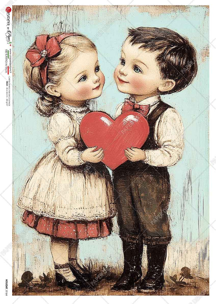 Young girl in white and red dress holding a red heart with young boy. Beautiful Rice Paper of Exquisite Quality for Decoupage crafts.