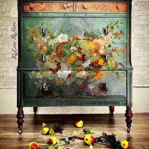 Green and peach floral print. ReDesign with Prima Harvest Hues 24" x 35" Decor Transfers® are easy to use rub-on transfers for Furniture and Mixed Media uses.