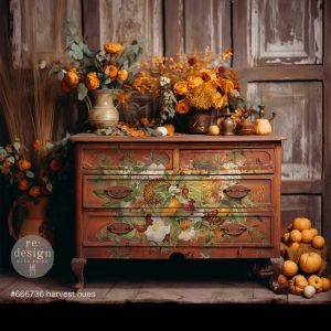 Green and peach floral print. ReDesign with Prima Harvest Hues 24" x 35" Decor Transfers® are easy to use rub-on transfers for Furniture and Mixed Media uses.