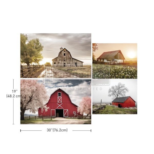  Haystack Hues ReDesign with Prima Decoupage Tissue Paper set of 3 designs. The large 19"x30" size has 4 scenes of country barns.