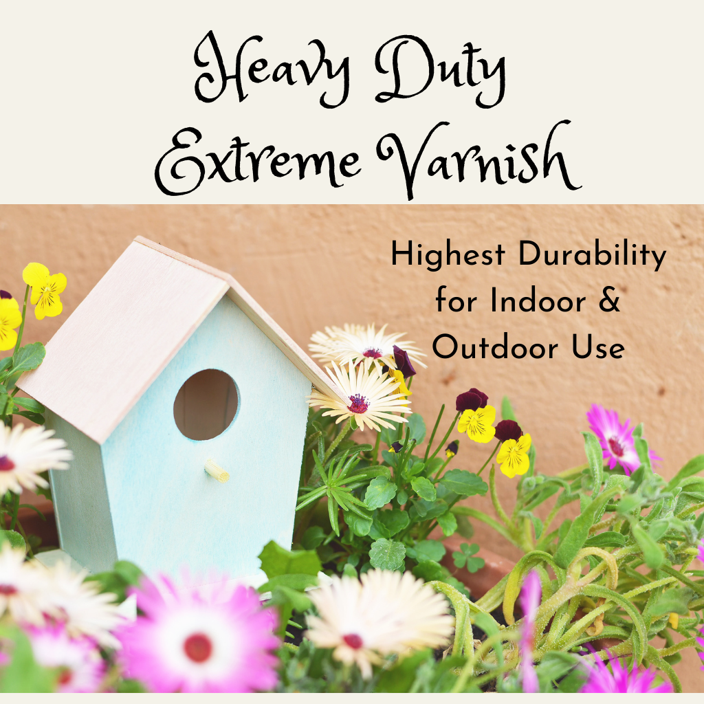 Light blue birdhouse an flowers with words introducing Polyvine Heavy Duty Extreme Varnish