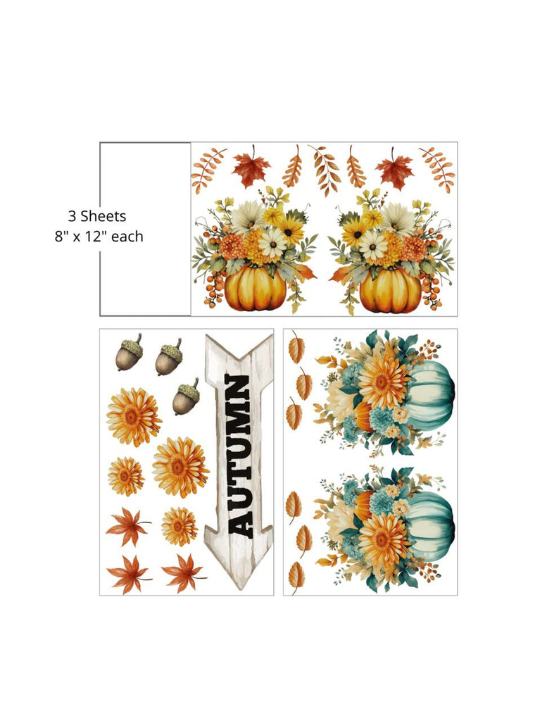 Blue and orange pumpkins with bouquets of flowers and "Autumn" sign by Belles and Whistles Rub on Transfer Decal