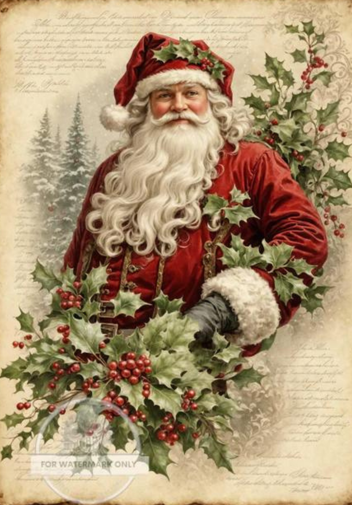 Image of vintage Santa on sepia script background. Snowy trees in background and holly berry leaves. A4 decoupage rice paper.