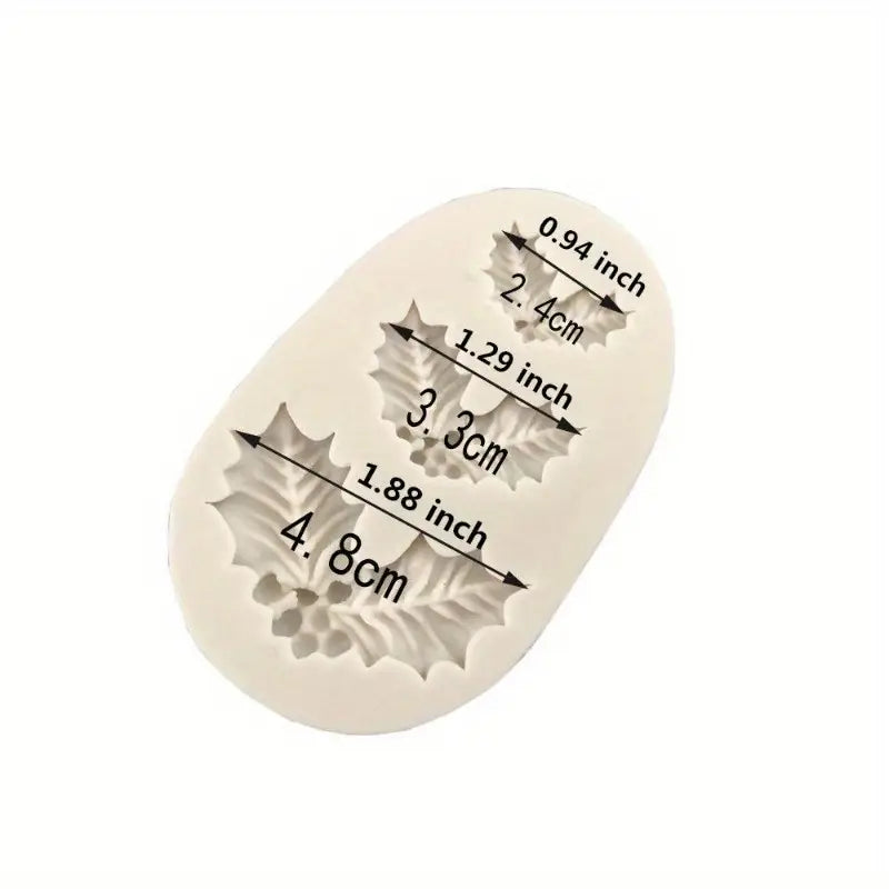 Holly leaf silicone mold with measurements listed