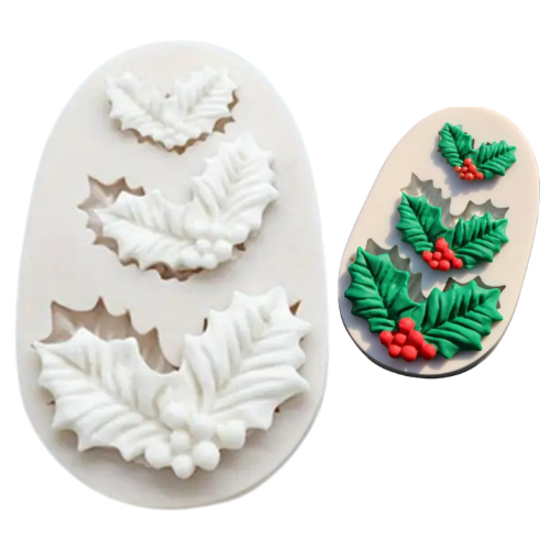 Silicone mold with holly leaf and berry design on a white background