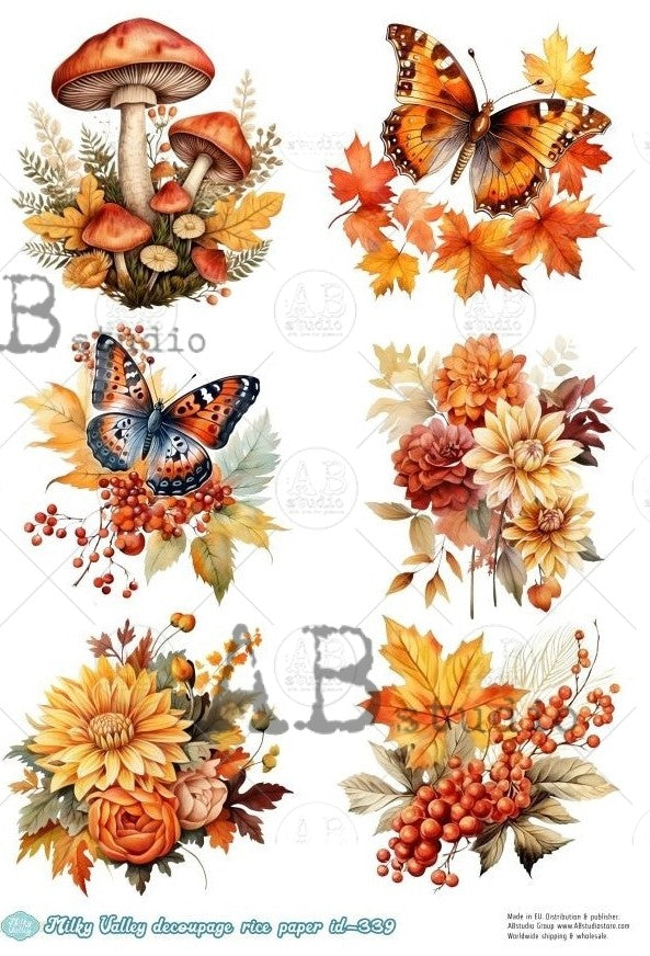 6 scenes of orange Fall leaves and flowers with colorful monarch butterflies. AB Studio A4 Rice Paper for Decoupage art.