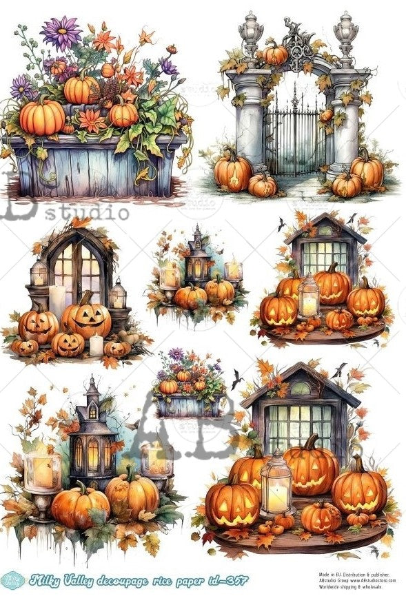 8 scenes of jack o lanterns and pumpkins with lanterns. AB Studio A4 Rice Paper for Decoupage art.