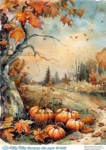 Scene of pumpkins by side of country road under a tree with orange fall leaves. AB Studio A4 Rice Paper for Decoupage art.