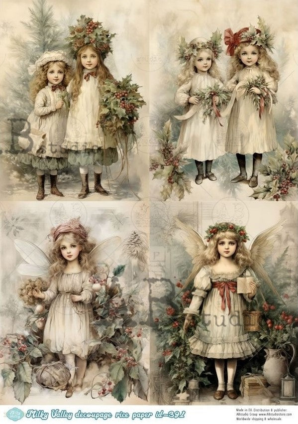 4 scenes of Vintage girls  carrying holiday greenery. AB Studio A4 Rice Paper for Decoupage art.