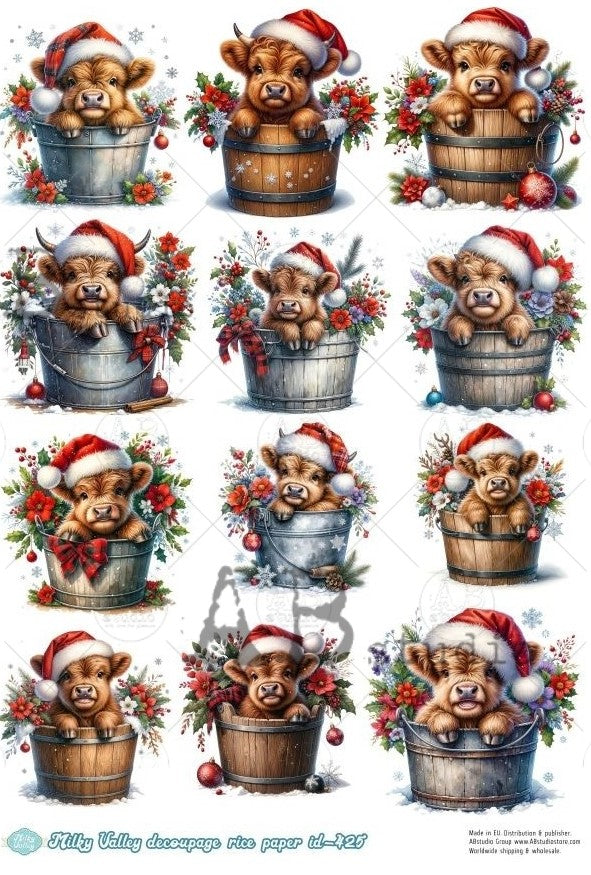 12 scenes of baby highland cow wearing Santa hat, in wooden barrels. AB Studio A4 Rice Paper for Decoupage art.