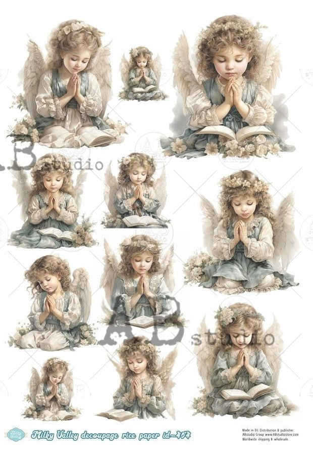 11 scenes of praying angel dressed in blue and white, kneeling. AB Studio A4 Rice Paper for Decoupage art.