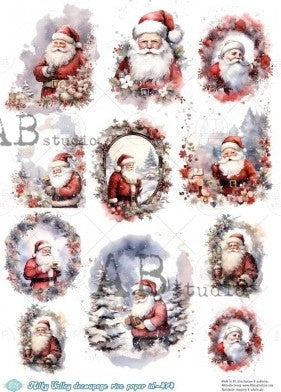 11 Santa scenes in holiday wreaths. AB Studio A4 Rice Paper for Decoupage art.