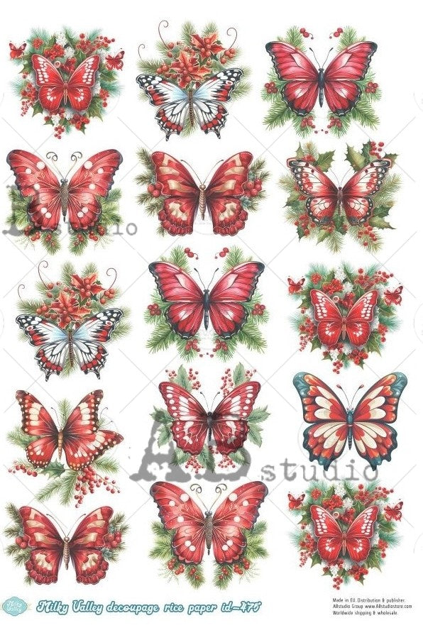 15 butterflies in red and white colors on Christmas greenery. AB Studio A4 Rice Paper for Decoupage art.