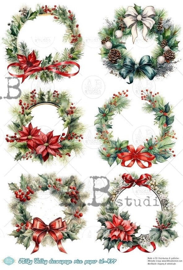 6 scenes of Christmas wreaths with red bows. AB Studio A4 Rice Paper for Decoupage art.