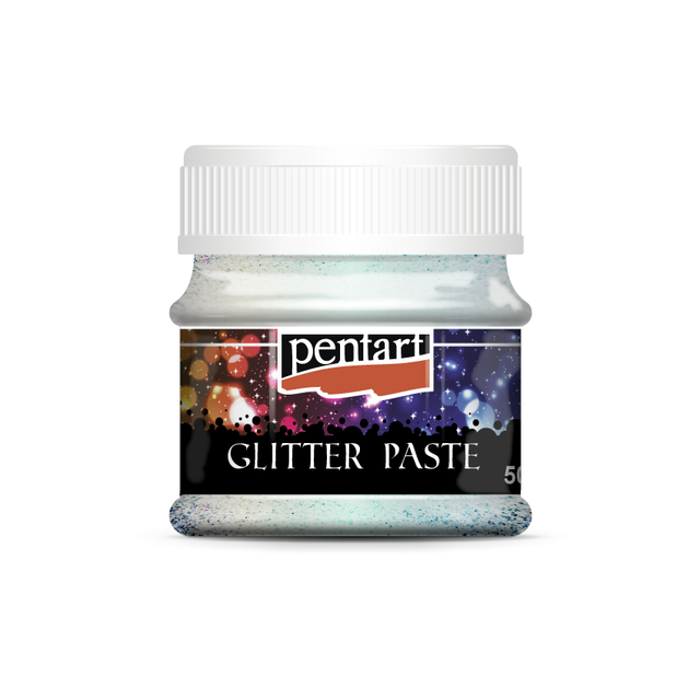ireidescent glitter paint in clear jar with white top from Pentart