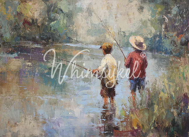Painting of two children fishing in a river with 'Whimsykel' branding.