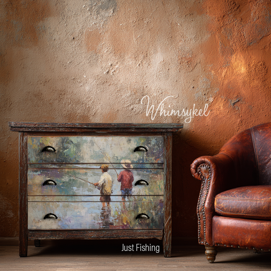 Wooden dresser with 'Just Fishing' design next to a leather chair against a textured wall, featuring the brand 'Whimsykel'.