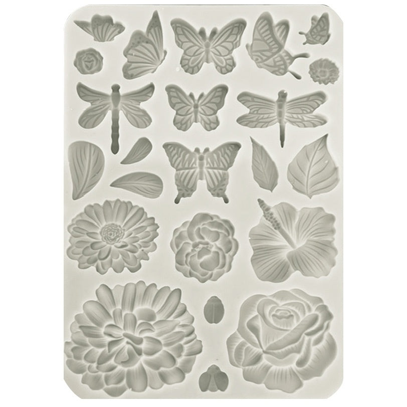 Gray Stamperia silicone mold with butterflies dragonflies flowers and leaves