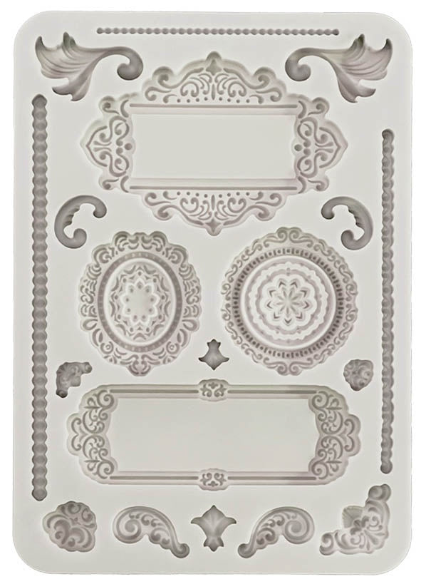 Gray Stamperia silicone mold with embellished frames and flourishes