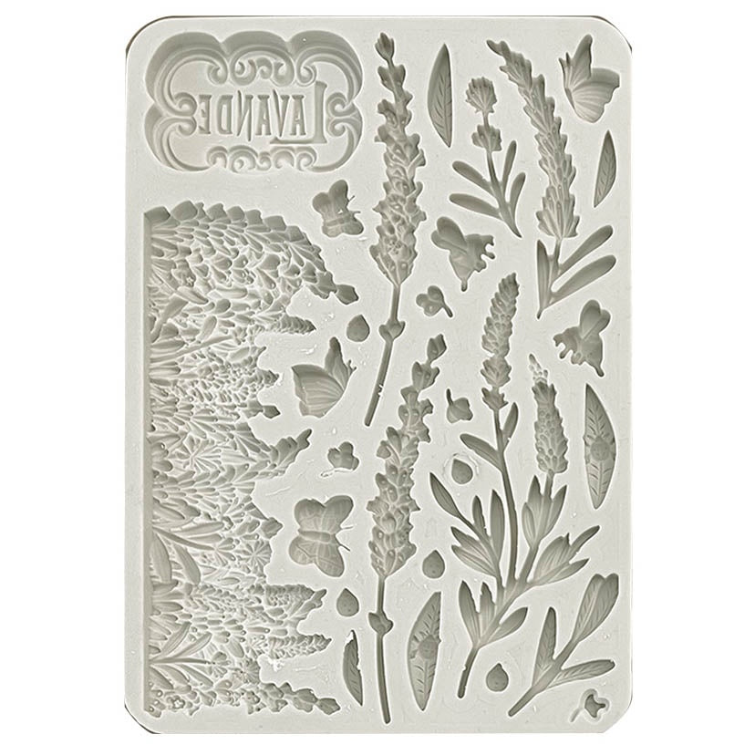 Gray Stamperia silicone mold with lavender butterflies and greenery 