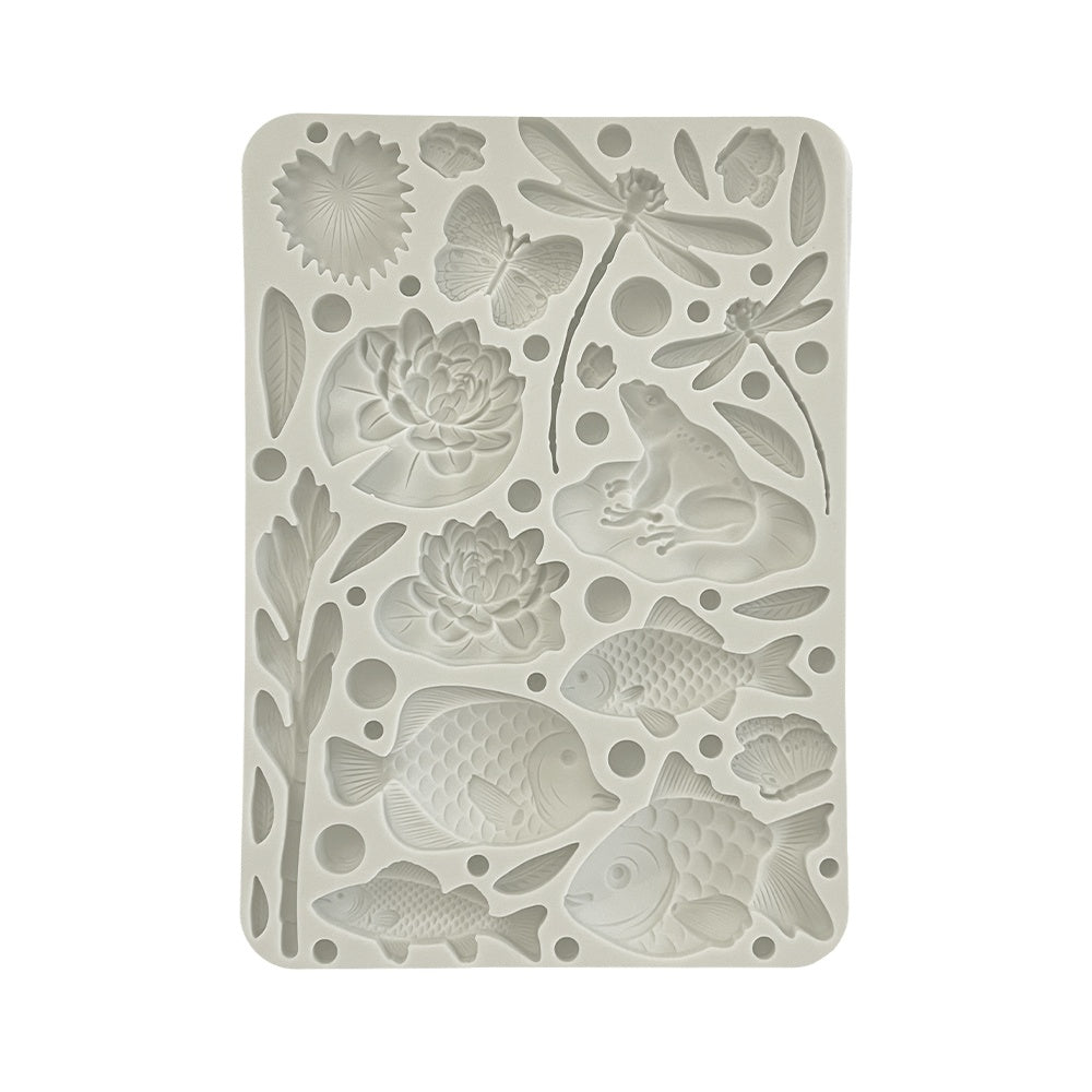 Gray Stamperia silicone mold with butterflies dragonflies frogs fish and lily pads 