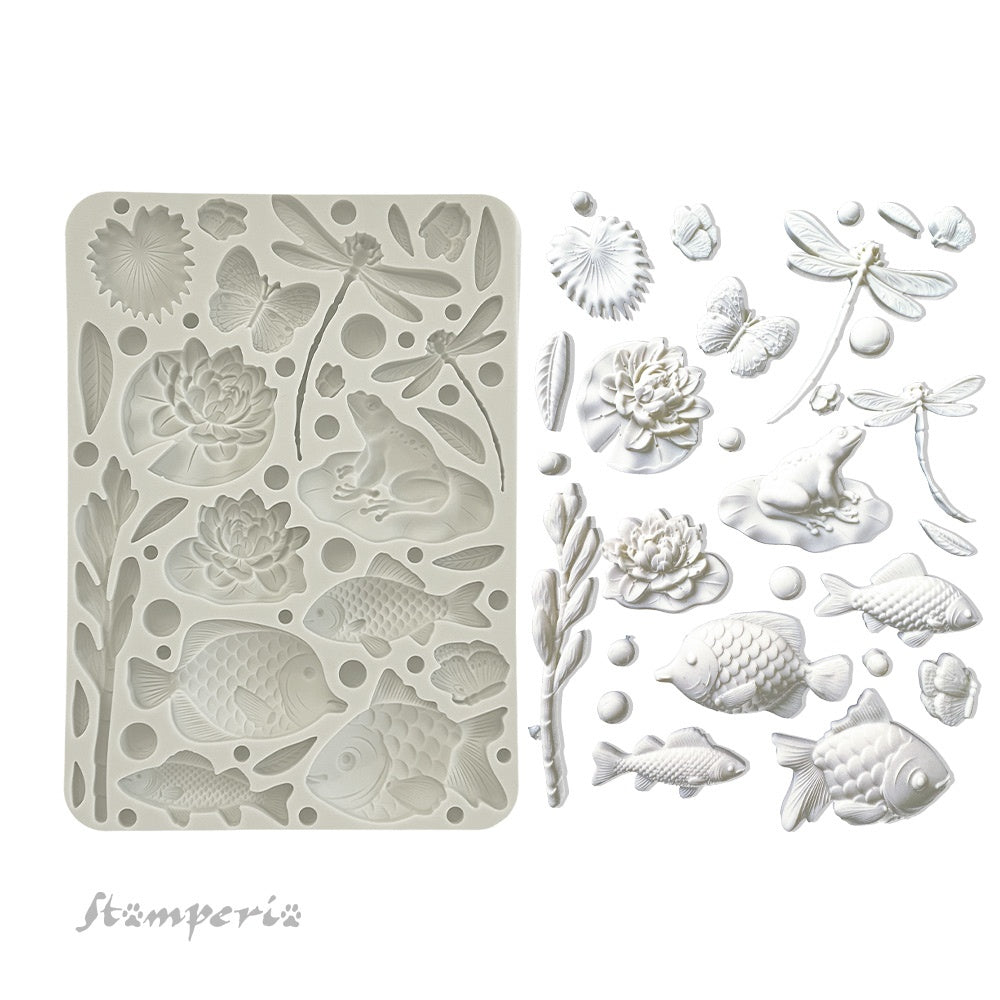 Gray Stamperia silicone mold with butterflies dragonflies frogs fish and lily pads 