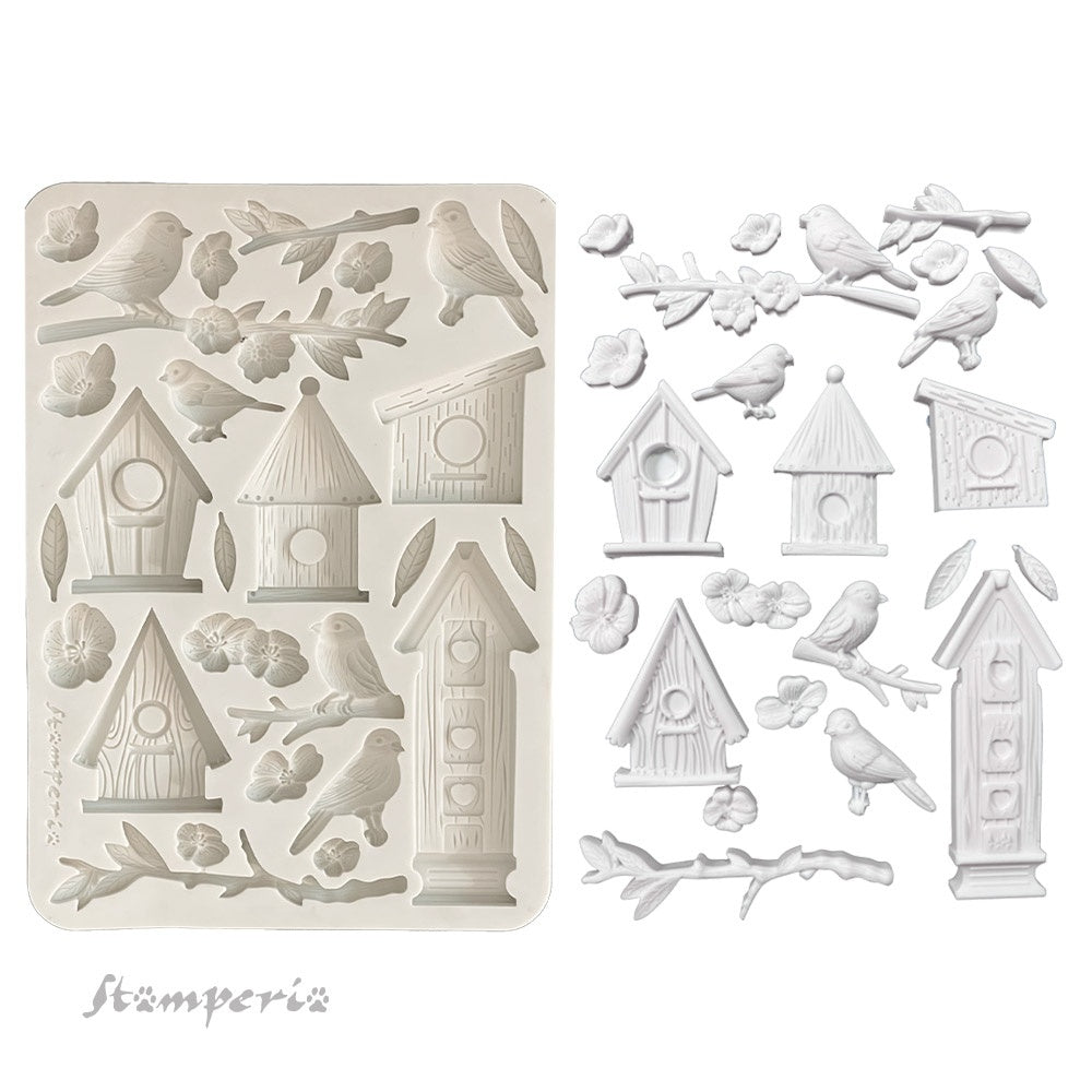 Gray Stamperia silicone mold with birdhouses birds and orchids