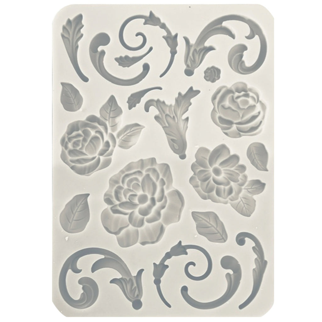 Grey colored silicone cold press mold with antique embellisments flourishes and flowers.