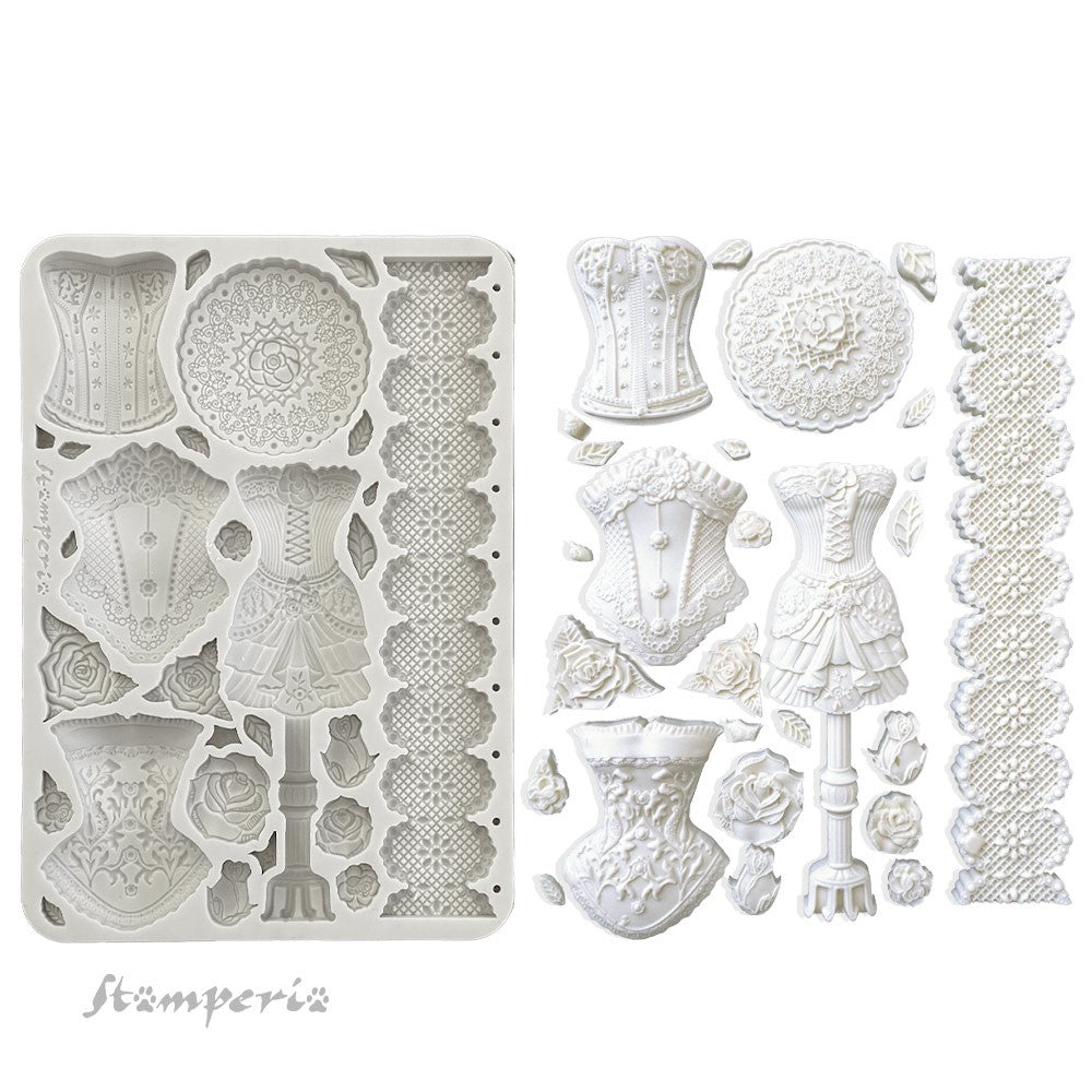 Gray Stamperia silicone mold with corsets mannequin roses and lace.