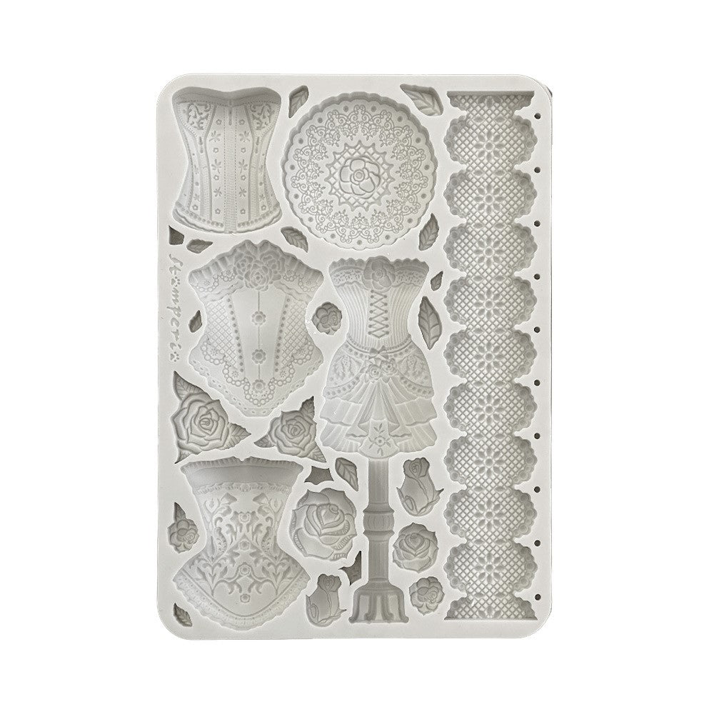 Gray Stamperia silicone mold with corsets mannequin roses and lace.