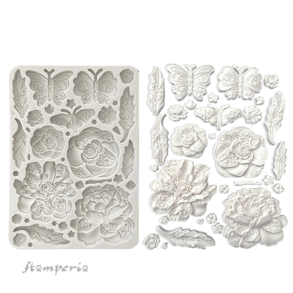 Gray Stamperia silicone mold with butterflies flowers and leaves.