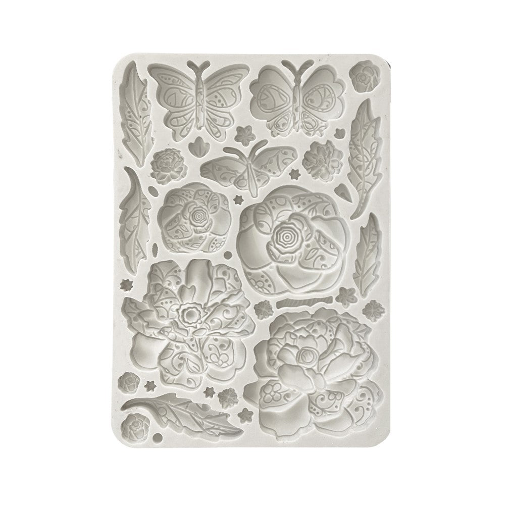 Gray Stamperia silicone mold with butterflies flowers and leaves.