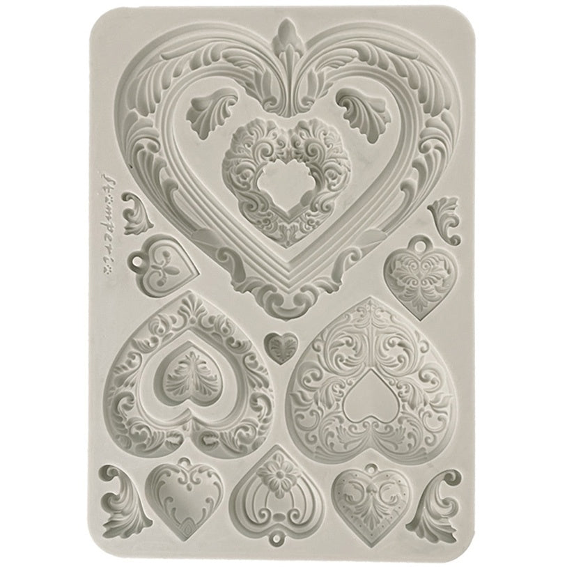 Gray Stamperia silicone mold with embellished hearts