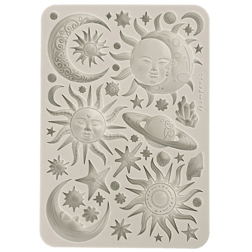 Gray Stamperia silicone mold with suns moons planet and stars