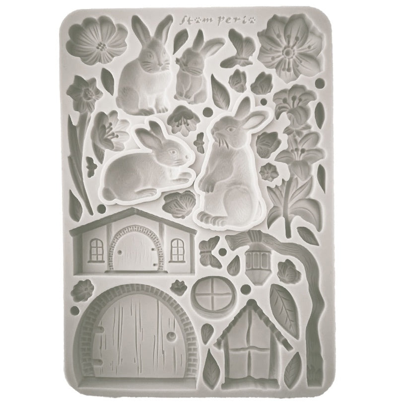 Gray Stamperia silicone mold with rabbits flowers and cottages