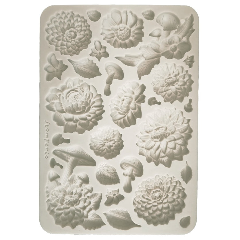 Gray Stamperia silicone mold with peonies leaves and mushrooms