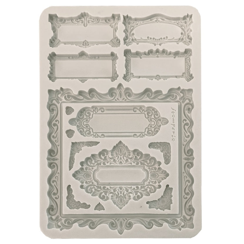 Gray Stamperia silicone mold with ornate decorative labels