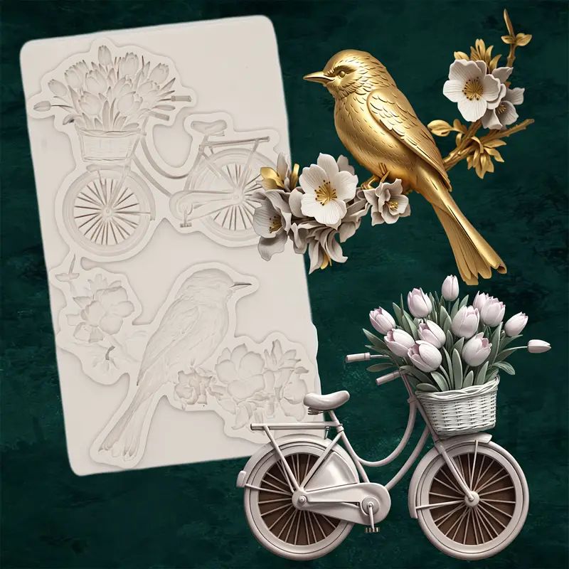 Silicone Craft Accent Mold. A bird perched on flowering branch with bicycle