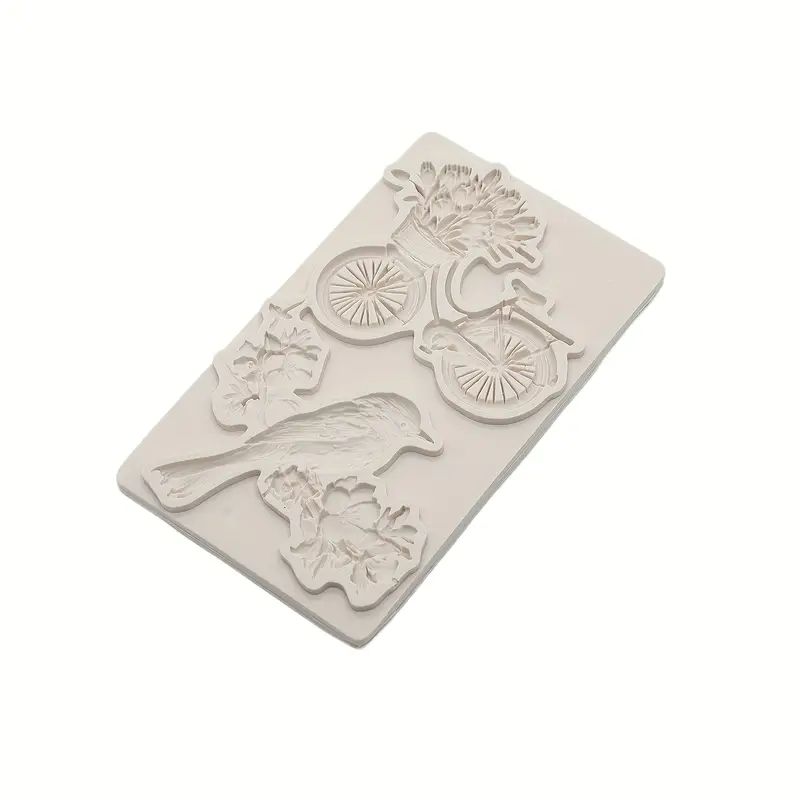 Silicone Craft Accent Mold. A bird perched on flowering branch with bicycle