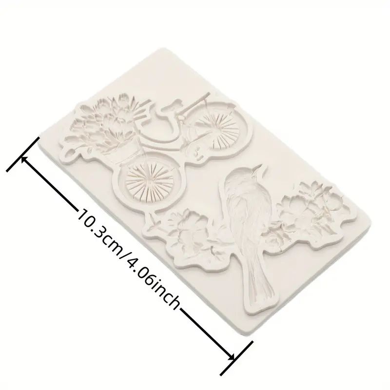 Silicone Craft Accent Mold. A bird perched on flowering branch with bicycle