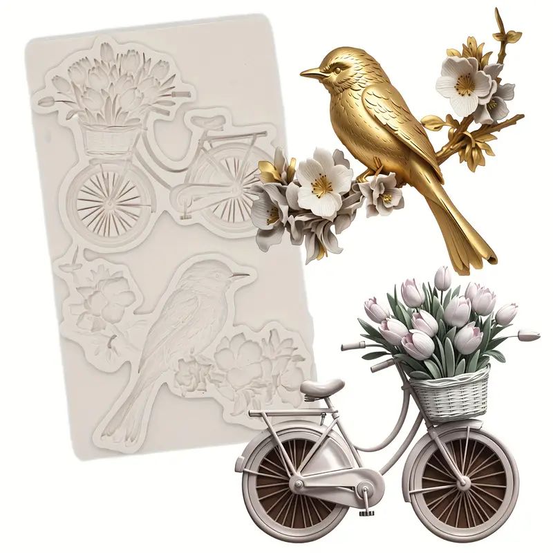 Silicone Craft Accent Mold. A bird perched on flowering branch with bicycle